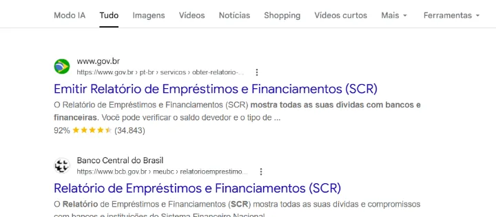 Resultado de busca mostrando o serviço oficial Emitir Relatório de Empréstimos e Financiamentos no site gov.br