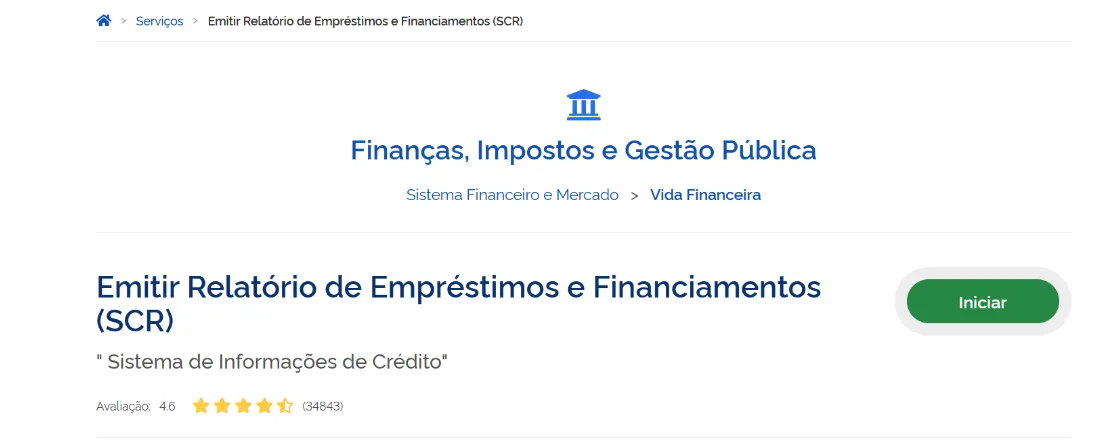 Página do serviço no gov.br com o título Emitir Relatório de Empréstimos e Financiamentos e o botão Iniciar