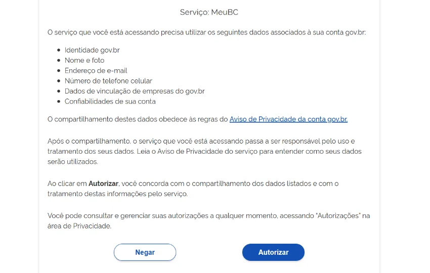 Tela de autorização de compartilhamento de dados pessoais entre o gov.br e o Meu BC, com o botão Autorizar