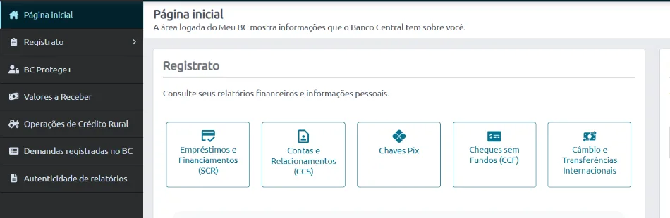 Página inicial do Meu BC com o menu Registrato à esquerda e o card Empréstimos e Financiamentos (SCR)