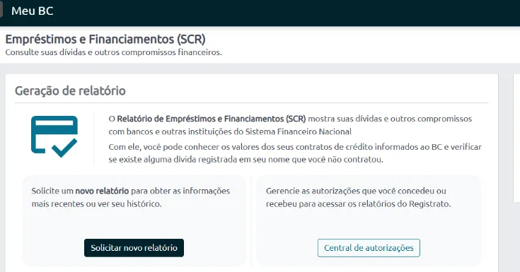 Tela de geração de relatório do SCR com o botão Solicitar novo relatório