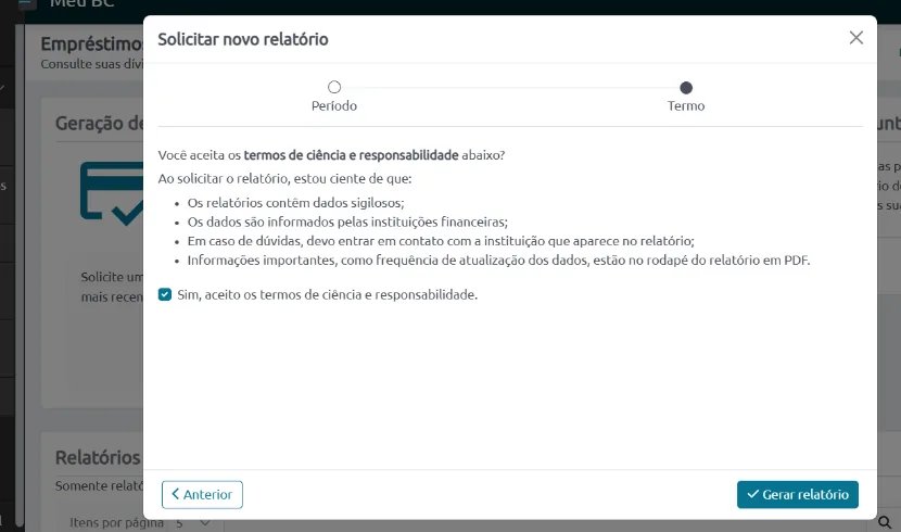 Tela do termo de ciência e responsabilidade com a caixa de aceite marcada e o botão Gerar relatório